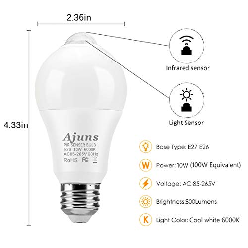 Motion Sensor Light Bulbs, 10W (100W Equivalent) Motion Activated Dusk