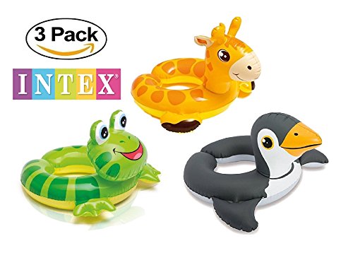 Intex, 43234-2327 3 Pack 59220EP - Animal Head Split Ring Pool Floats Bundle Includes Frog, Duck, Penguin, Giraffe, Frog, Penguin (Style May Vary)