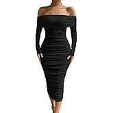 LAGSHIAN Women Sexy Off Shoulder Long Sleeve Bodycon Ruched Midi Elegant Cocktail Party Dress