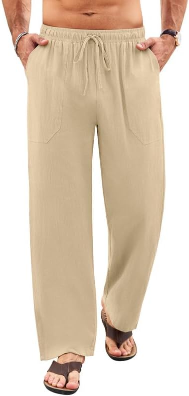 Calças de linho masculinas de algodão de verão com bolsos com cordão