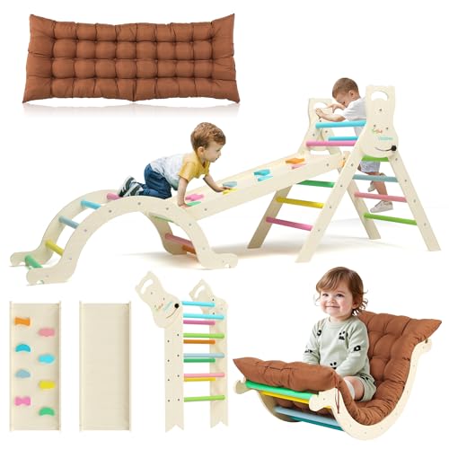 Yrthe Voitom Children's Climbing Ark Montessori Baby, 7 in 1 Wooden Climbing Triangle with Arch, Slide Ladder Cushion Slide, Baby Motor Skills for Toddlers 1 Years+ (Colour)