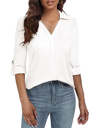 GAMISS LONG SLEEVE SHIRTS FOR WOMEN COLLARED BUSINESS TOPS OFFICE POLO V NECK SHIRT BEIGE, M