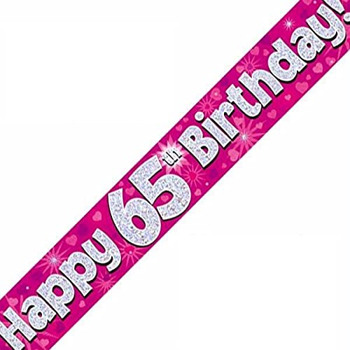 9ft Banner Happy 65th Birthday Pink Holographic