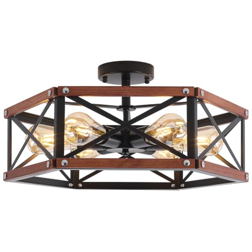 6-Light Large Farmhouse Ceiling Light Fixture, 20-Inch Rustic Wood and Black Metal