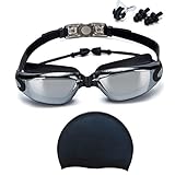 Swim Goggles + Swim Cap, Swimming Goggles No Leaking Anti Fog UV Protection Triathlon Swim Goggles with Free Protection Case + Nose Clip + Ear Plugs for Adult Men Women Girls Youth Kids Child