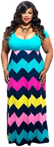 HPLY Women Casual Loose Striped Printed Plus Size Long Dress Short Sleeve Maxi Dress Blue/4XL