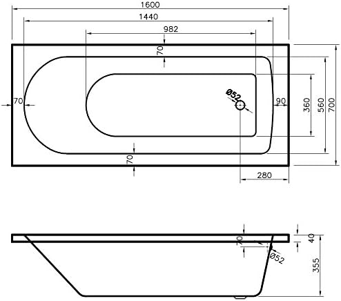 Nuie NBA607 Barmby ǀ Modern Bathroom Single Ended Round Bath, 1600mm x 700mm x 380mm, White, 1600mm x 700mm - Image 4