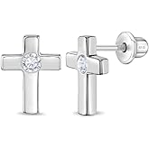 In Season Jewelry Tiny CZ Cross Earrings - 925 Sterling Silver Hypoallergenic Earrings for Girls with Secure Screw Backs - Safe & Comfortable for Toddlers, Kids & Little Girls