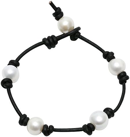 Ao Bei Women's Cultured Freshwater Pearls Bracelet with Genuine Knotted Leather Cord -7.5" Black