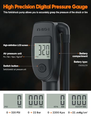 Tiakia Hochdruck Dämpferpumpe mit Digitaler Manometer 320PSI Für Luftdämpfer und federgabel,Tragbare fahrradpumpe Aluminium reifenpumpe Fahrrad Rahmenpumpen,Für Schrader/Presta、DH、MTB (Black) thumbnail 3