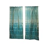 2 Indian Sari Curtains Home Decor Panel Blue Window Treatment 96x44