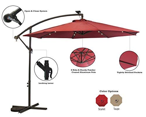 Sun-Ray 811045 10' Round Cantilever 8-Rib Offset Solar Patio Umbrella, 24 LED Lights, Crank with Adjustable Tilt, Cross Base, Aluminum Frame, Scarlet/Red - Thumbnail 2