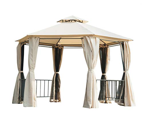 AyaMastro 9.25'H Black/Beige 2Tier Gazebo Canopy Outdoor Shelter Tent w/Zippered Curtain with Ebook