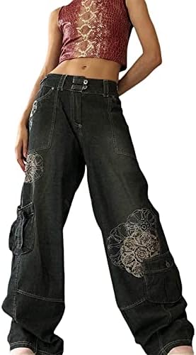 FUZUAA Gothic Cargo Pants for Women Wide Leg Baggy Jeans Indie
