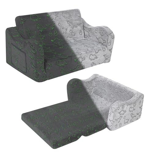 MOMCAYWEX Kids Sofa, 2-in-1 Flip-Out Foam Couch with Soft Sherpa Cover, Cozy Play Lounge Chair, Extra Wide, Glow in The Dark Grey
