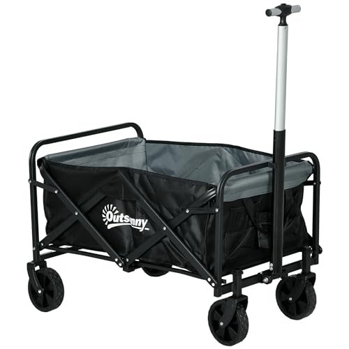 Carrello da giardino a 4 ruote pieghevole regolabile in lunghezza e angolo delle maniglie 70 L Capacità 80 kg di carico per il campeggio in spiaggia Nero
