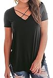 KUSMOO Women's Short Sleeve T-Shirt Tops Casual Solid V-Neck Criss Cross Summer Tee Shirts