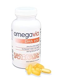 omegavia DHA 600. Ultra-Pure DHA Omega-3. 600 mg DHA por píldora. triglyceride-form dha-only Fórmula. 120 Cápsulas.