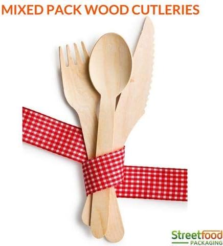 Wood Bamboo Cutlery Wood Spoons, Wood Forks, Wood Knives (Bundle Pack), Biodegradable Disposable Tableware Utensils, Eco-Friendly Natural Wooden Cutlery Travel Set, Great for Serving All Meals (500)