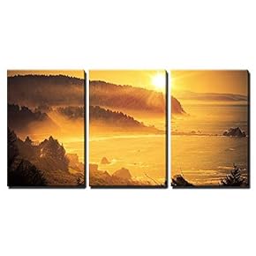 3 Piece Canvas Wall Art - California Coastal Sunset. Shoreline Between Crescent City - Modern Home Art Stretched and Framed Ready to Hang - 16"x24"x3 Panels