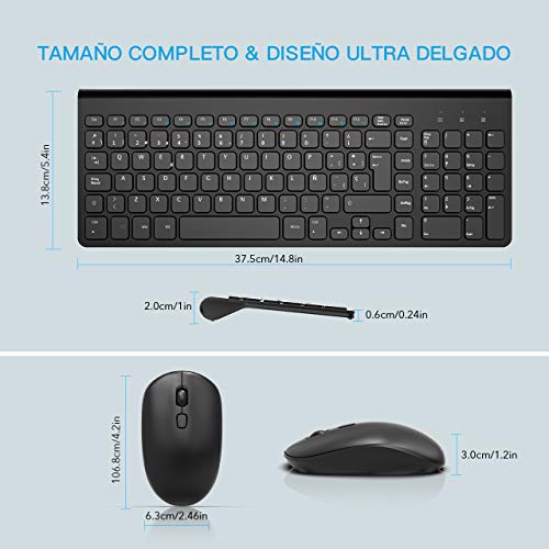 WisFox Packs de Teclado y Ratón Inalámbrico, 2.4GHz Slim Combo de Teclado y Ratón Inalámbrico Avanzado Tamaño Completo con Receptor USB Nano para Computadora Portátil, PC, QWERTY Español