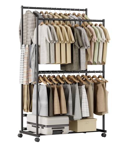 Tujurich Heavy Duty Clothes Rack - 92 x 54 x 183 cm, 4-Rail Double Rail Clothes Rail on Wheels, Metal Clothes Rack for Bedroom, Living Room, Washroom, Black