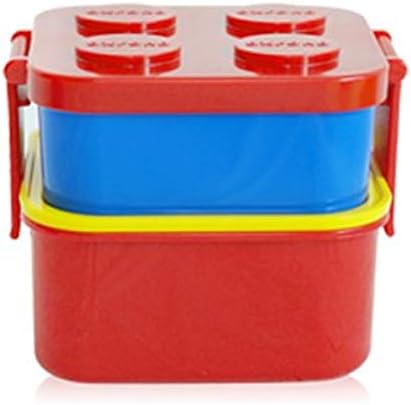 2 Layer Stackable Lunch Box and 1 Fork Set, Bento Box Container Salad Box Oxford Block Brick Design For Children Kids Family Picnic Travel (Red Lid 2 Layer+Fork)