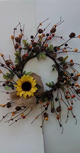 16" Front Door Wreath with Berries, Cones, Sunflower and Burlap Bow