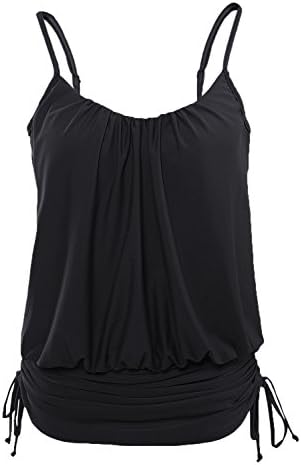 QiKa Womens Women's Plus Size Ruched Spaghetti Strap Tankini Swim Top One Piece Bikini Set Swimsuit Bathing Suits ,Black,XXL