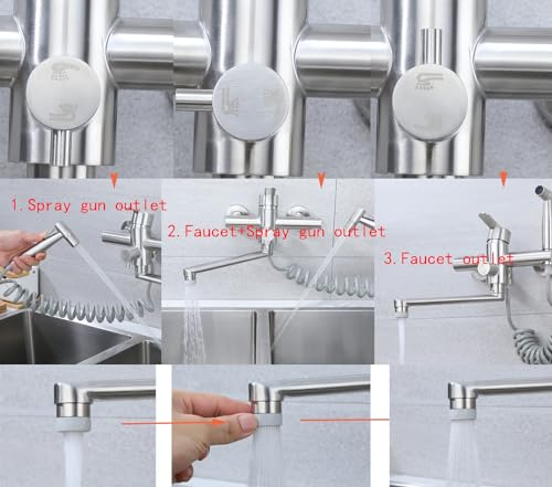 Kitchen Faucet, Wall Mounted, Kitchen Faucet with Spray Gun, 360° Rotatable 23 cm Swivel Hose, Hot and Cold, 4 Working Modes, Brushed Nickel 304