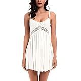 Women Lace Lingerie Sleepwear Chemises V-Neck Full Slip Babydoll Nightgown Dress White S