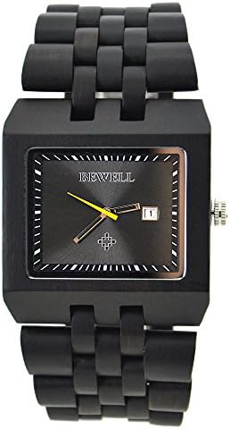 BEWELL Men's Square Handmade Natural Wood Classic Wooden Watch Gift Display ZS-W017A (black)