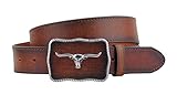 Longhorn Bull Western Belt Buckle Aged Finish Genuine Brown Leather Belt - Brown M