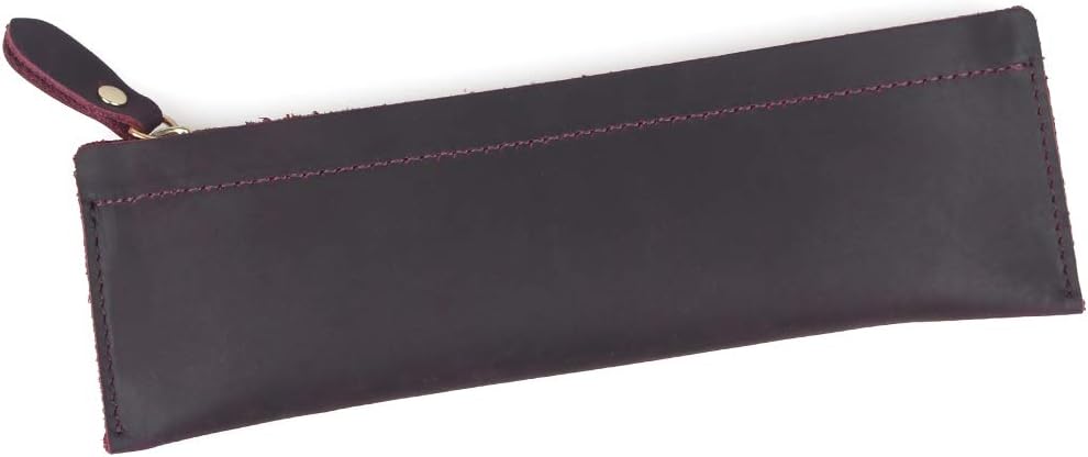 WOOWA Genuine Leather Pencil Pen Case, Small & Slim Vintage Handmade Pouch with Zipper, Retro Stationery Bag Holder Organizer (Dark Purple)