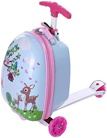 Kids Scooter Luggage 16 in Ride-on Mini Scootcase Luggage Suitcase Collapsible Scooter Cute Cartoon Children's Suitcase Scooter Carry on Trolley Case Slide Car Toddler Skateboard (pink giraffe)