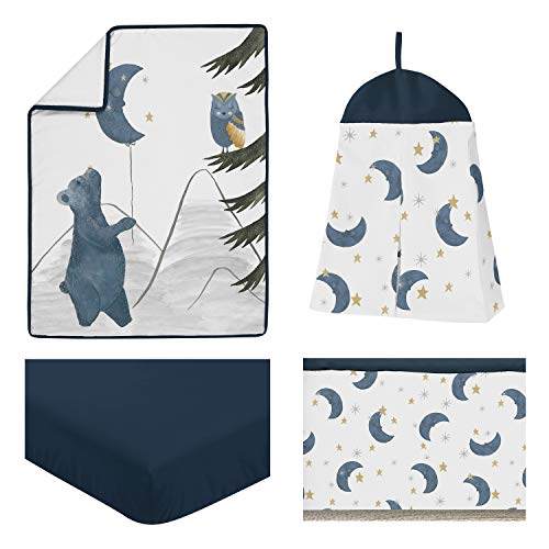 sweet jojo designs woodland bear and owl baby boy girl nursery crib juego de cama - 4 piezas - azul marino, gris, dorado y negro celestial moon star acuarela bosque