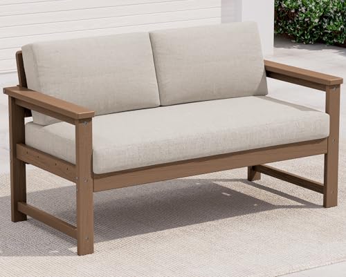SERWALL HDPE Outdoor Loveseat with Cushion, Outdoor Sectional Furniture Set