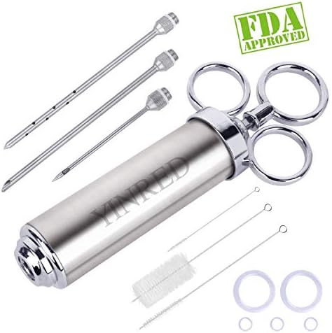 Meat Injector, 304 Stainless Steel Marinade Syringe Injector Kit for Cooking BBQ Grill, with 2-oz Marinade Flavor Barrel, 3 Professional Needles, 3 Cleaning Brushes and 5 Silicone O-rings