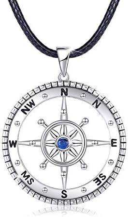 JUSTKIDSTOY S925 Sterling Silver Compass Necklace Black Braided Leather Cord Rope Nautical Compass Pendant for Men Women Friendship Graduation Birthday Gifts