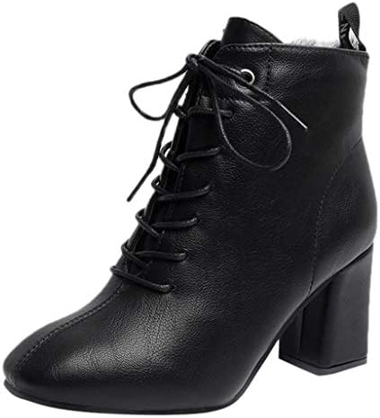 Women's Warm Retro Square Head Wild Solid High Heel Work Lace-Up Short Boots Loafers Antiskid Platform Non-Slip Shoes Comfy Running Trainers Jogging Fitness Athletic Walking Outdoor