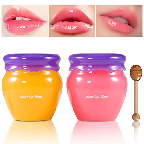 2PCS Bee Balm Lip Balm Honey Pot Set, Lip Mask Overnight Honey&Sakura Day and Night Repair Lip Sleeping Masks Honey Lip Balm, Fade Lip Lines Bee Balm, Hydrating &Prevention Dry and Crack Lip Scrubs Exfoliator