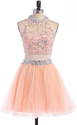 CuteShe Women's Short Halter Two Piece Prom Homecoming Dresses coral US Size 2
