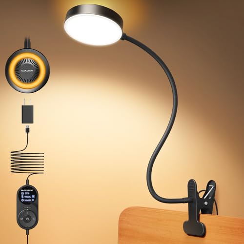 Glocusent Bed Reading Lamp, 72 LED Clamp Lamp with 3 Colours & 5 Brightnesses, Flexible Bed Lamp with Amber Night Light, 30/60 Minute Timer, Eye Protection, for Bed/Reading/Working (Black with Adapter)