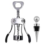 Ilyever Premium Stainless Steel Red Wine Beer Bottle Opener Wing Corkscrew Screwpull Cork Remover Accessories with One Pc Reusable Vacuum Wine Bottle Stoppers Set