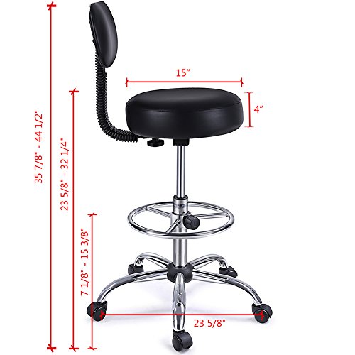 Drafting Stool with Adjustable Foot Rest, Superjare Rolling Chair w' Back Cushion, Black