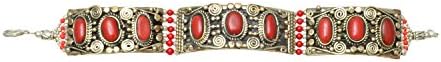 Tibetan Handcrafted Silvertone with Oval Red Coral and Swirl Designs Bracelet, 7.5"