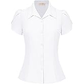 Belle Poque Summer Short Sleeve Button Down Blouse for Women V Neck Vintage Business Casual Shirts Tops