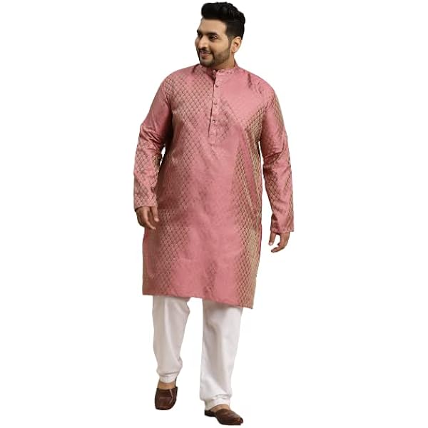 Set Pigiama Kurta Uomo Sojanya In Seta Jacquard Rosa E Oro Con Churidar Bianco - Abito Tradizionale Indiano, Dal 1958