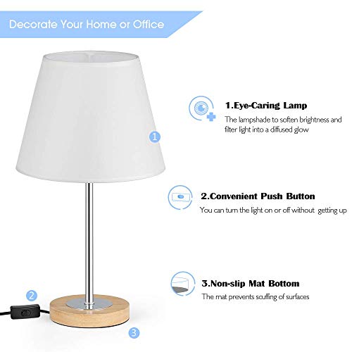 Small Table Lamps Set for Bedroom, Wood Desk Lamp with White Fabric Shade for Dresses, Nightstand, Bedside, Coffee Table in Living Room, College Dorm, Baby Room, Sliver