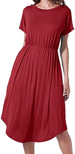 Succlace Womens Summer Plain O Neck Draped Loose Flowy Casual Midi Dress Wine M